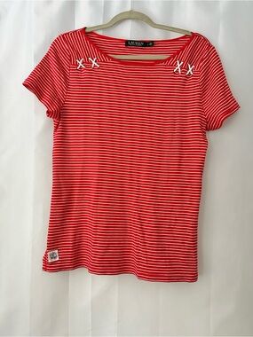 Lauren Ralph Lauren Red and White Striped Short-Sleeve Top Nautical Coastal